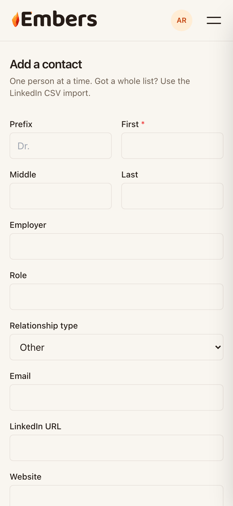 Adding a contact: only the first name is required