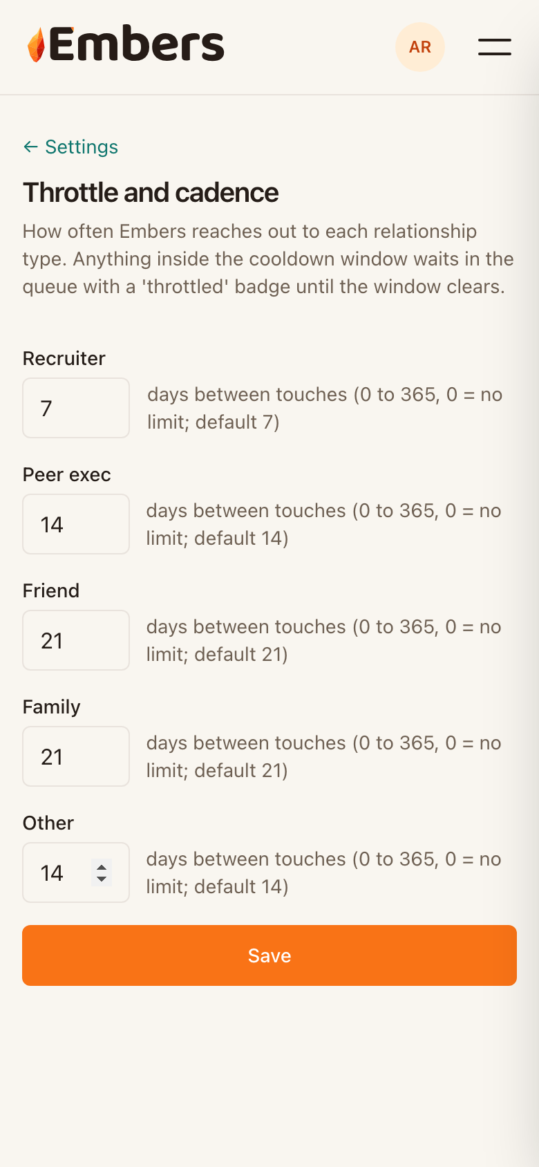 Cadence settings: days between touches, per relationship type