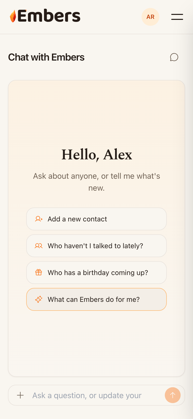 Chat with Embers: starter prompts to get going