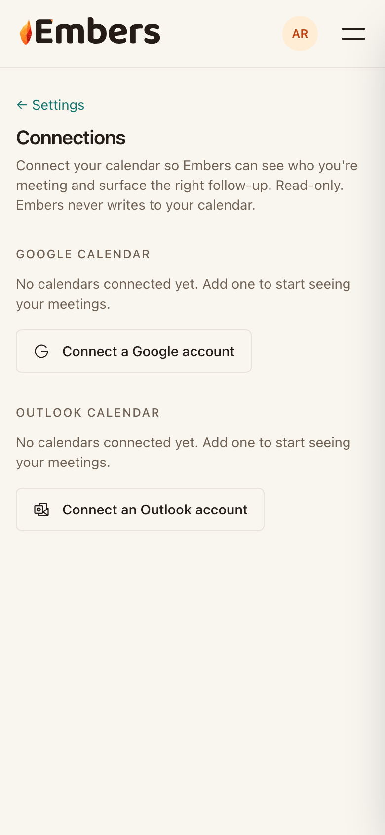 The Connections screen, where you connect Google or Outlook with read-only access