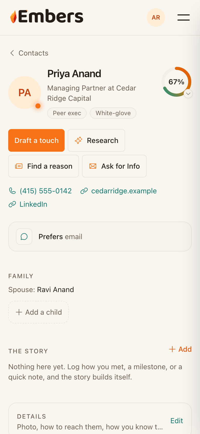 A contact page: Research and Find a reason sit right under their name