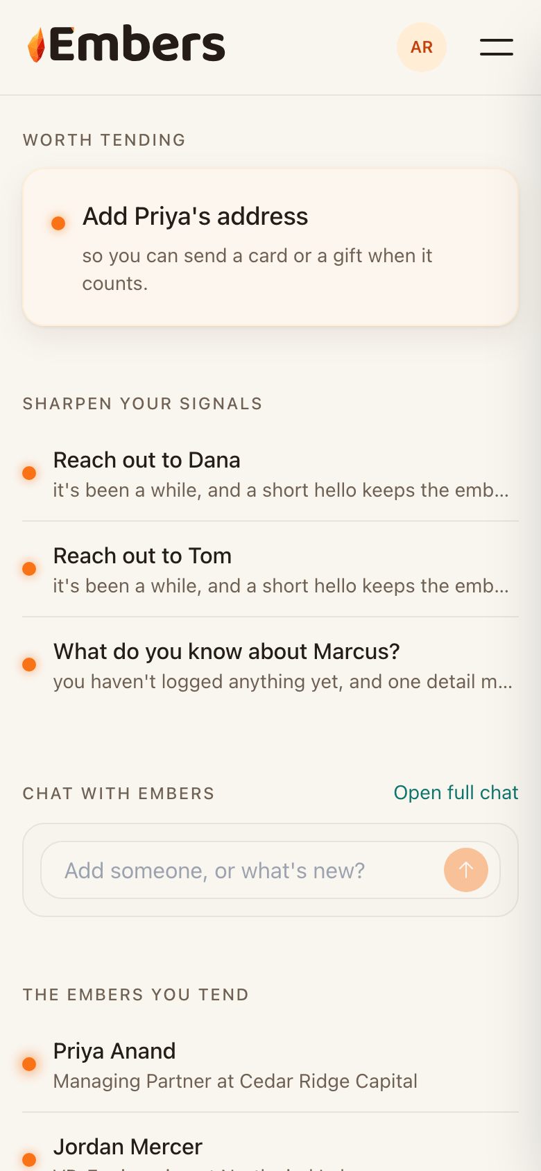 Your home screen: the next move up top, signals to sharpen, and the people you tend