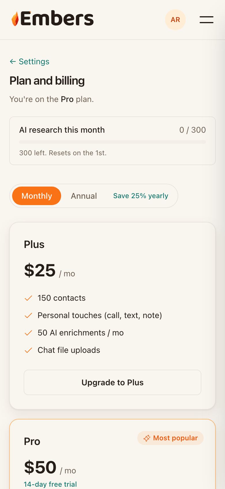 Your plan and usage, with the upgrade options