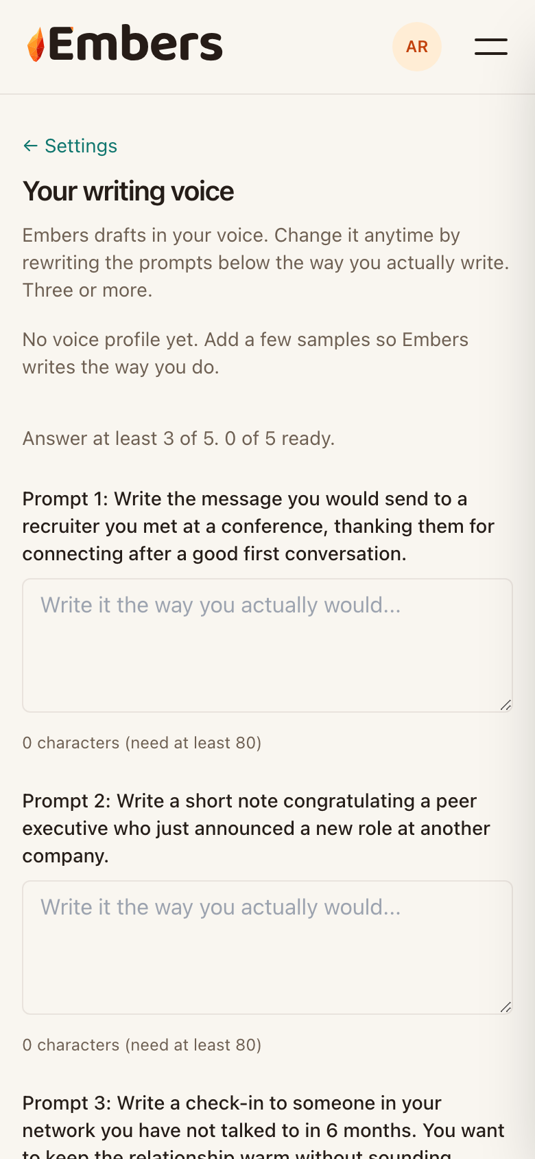 The writing-voice prompts in Settings